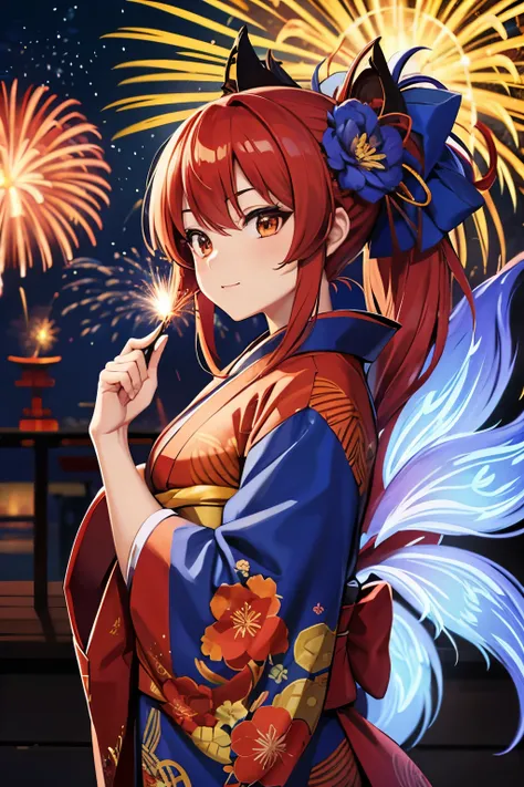 Female kitsune, Fireworks, Blue Fire magic, Red hair, flower kimono, tails