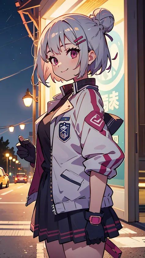 high school girl、Short hairstyles for silver hair and bob、Hair tied up in a bun with a hair clip、Shining pink round eyes、smile、From the side、small breasts、Riders jacket、gloves、outdoor at night、under the street lights