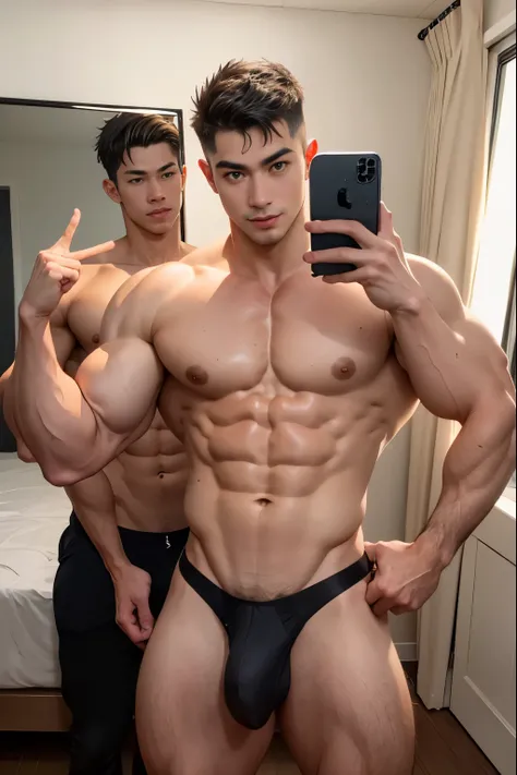 2boys, vietnamese male, two young hot handsome muscular boys, wearing sexy dark olive green small micro thongs, well-endowed, massive bulges, sexy and cute, messy hair, dynamic hairstyles, detailed face, detailed eyes, big eye, smirking, playful, smug, fle...