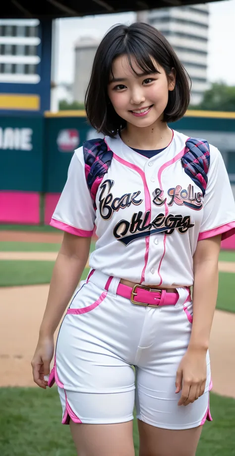 （8K、Raw photography、highest quality、masterpiece：1.2),(black hair、very short hair:1.8),show viewer,Looking at the front,erotic,white skin,(wearing a pink and white baseball uniform:1.6)、(Clothing that emphasizes the shape of your chest、exposing skin:1.5)、(b...