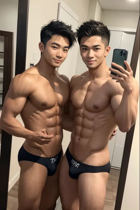 2boys, vietnamese male, two young hot handsome muscular boys, wearing sexy dark olive green small micro thongs, well-endowed, massive bulges, sexy and cute, messy hair, dynamic hairstyles, detailed face, detailed eyes, big eye, smirking, playful, smug, fle...