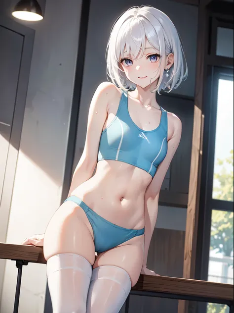 1 girl, (alone:1.2), ((masterpiece)), Slim, , pale skin, ((delicate eyes)), (bokeh effect), sweating, (dynamic angle)，jump, white hair, short hair, bare shoulders，Lilu&#39;s collarbone, armpit, (External), Smile, School cafeteria,  thong，sports shoes，White...