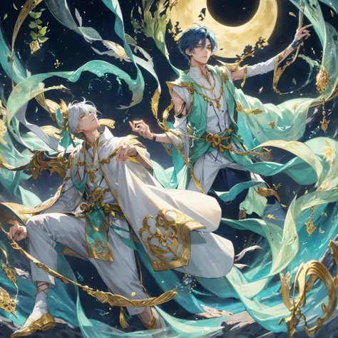 The Asian male god, dressed in an exquisite ouji costume, exuded an aura of enchantment under the moonlit landscape. His costume, adorned with intricate patterns, sparkled beautifully in the dim light, showcasing an elegant and dynamic presence. A playful ...