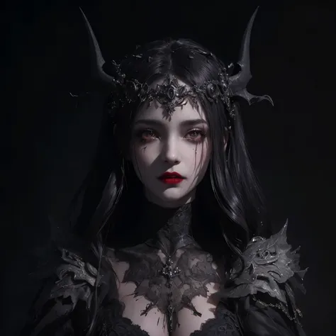 Femme arafed avec des cornes et du sang sur le visage, belle reine démon élégante, art de style fantaisie sombre, portrait de fantaisie sombre, portrait de fille démon, Succube | médiéval, dark fantasy mêlé de réalisme, Conception de personnages de dark fa...