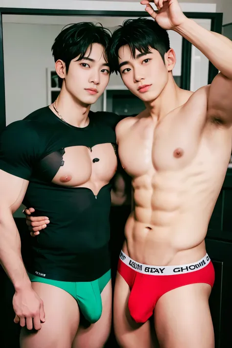 dois homens coreanos, casal gay , pele lisa, peito musculoso, volume na cueca, bulge grande , corpo inteiro,