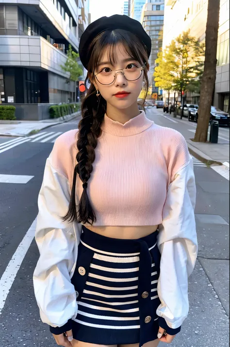 A cute 16 year old Japanese woman、standing in girly style。she has a baby face、The eyes are brightly colored with makeup that highlights the eyeliner and eyelashes.。Braid your black hair and make it look tight、Impressive glowing skin。small breasts and narro...