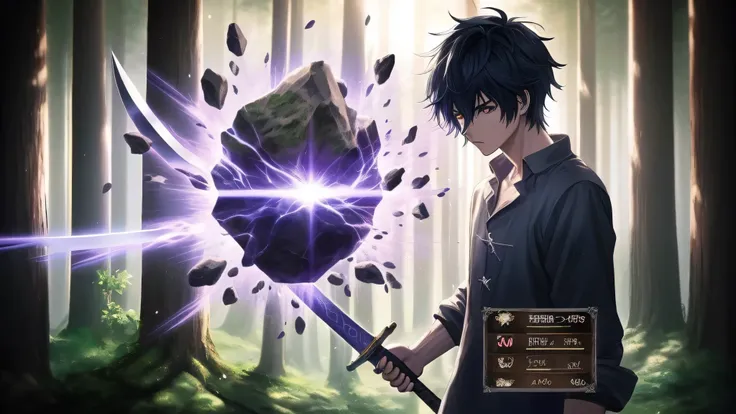 anime character holding a sword in a forest with rocks and trees, arte chave detalhada do anime, anime arte principal, Anime foda 8K, chave visual, anime chave visual concept, novela visual cg, visual novel chave visual, 2. arte de fantasia de anime 5 d cg...