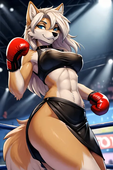 Detailed Image, arrogant anthropomorphic wolf with fur, super model, medium breasts, face like a wolf, white fur, arrogant smile, long light hair, in a golden expensive crop top, in an expensive golden sports skirt, in golden boxing gloves, stands absolute...