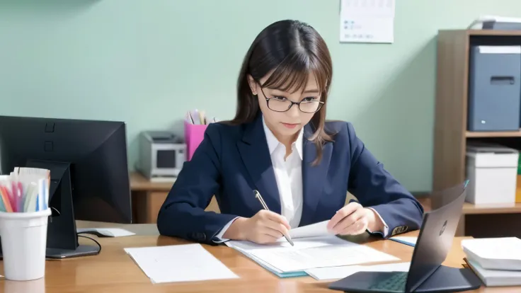 a cute office lady is filing a lot of paper. no glasses