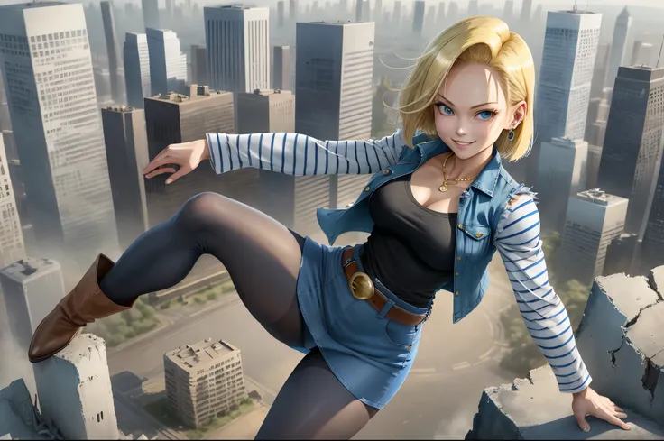 best quality, highres, and18, 1girl, android 18, solo girl, blonde hair, blue eyes, belt, boots, tight blue demin skirt, gold necklace, black shirt, short hair, long striped sleeves, earrings, open vest, denim vest, medium breasts, cowboy shot, city view, ...