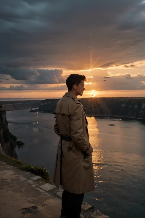 A man in a trench coat and a cane stands on a cliff overlooking a body of water. The sun is setting behind him.