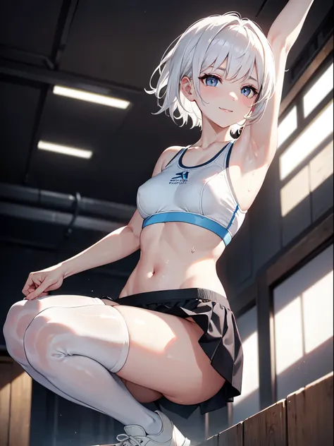 1 girl, (alone:1.2), ((masterpiece)), Slim, , pale skin, ((delicate eyes)), (bokeh effect), sweating, (dynamic angle)，Squat down, white hair, short hair, bare shoulders，Lilu&#39;s collarbone, armpit, (External), Smile, School cafeteria,  thong，sports shoes...