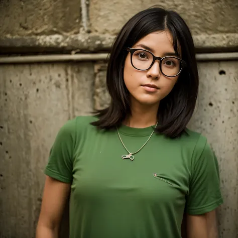 Cinematographer of a skinny nerdy lesbian caucasianlittle_caprice with glasses, cabello negro, shorter straight hair, gafas redondas, Apoyado en la pared, en la ciudad, top verde y minifalda a cuadros, En verano, piel sudorosa, damp skin, Disfrutando, girl...