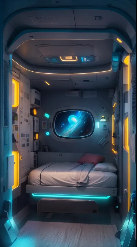 A vibrant bioluminescence colored illuminated glow ((Quarto do pod de escape da nave espacial)), with a highly detailed space, acolhedor e colorido, tema tema, hacker-core, aesthetics, alta tecnologia, Visible closed door system;, telas de computador, Dobr...