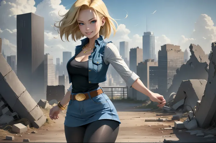 best quality, highres, and18, 1girl, android 18, solo girl, blonde hair, blue eyes, belt, boots, tight blue demin skirt, gold ne...