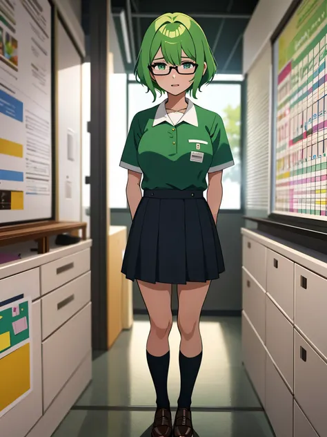 Obra maestra, ultra alta calidad, Anime illustration of a girl with very short lime green hair, wearing glasses and wearing a  uniform, standing in a classroom crying 