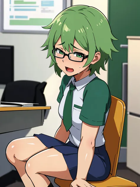 obra maestra, ultra alta calidad, anime illustration of a girl with very short lime green hair, wears glasses and wears a  unifo...