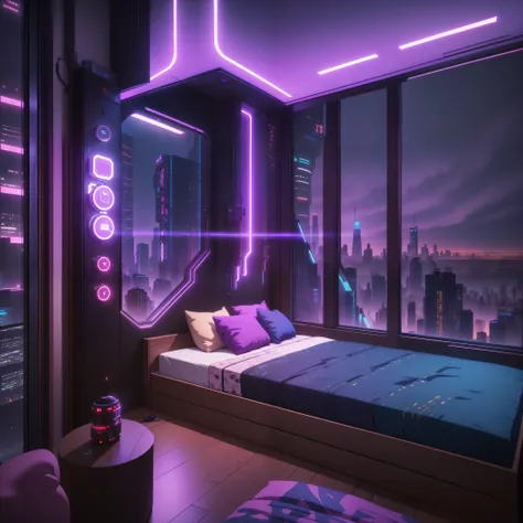 arafa view from one bedroom with city view at night, cyberpunk room at night, the apartamento ciberpunk, apartamento ciberpunk, quarto de adolescente cyberpunk, apartamento blade runner, Dystopian apartment in the city, estilo cyberpunk hiper-realista, cyb...