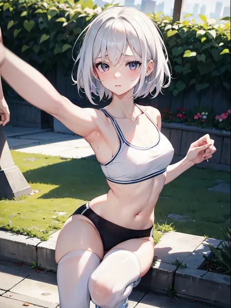 1 girl, (alone:1.2), ((masterpiece)), Slim, , pale skin, ((delicate eyes)), (bokeh effect), sweating, (dynamic angle), Get down, white hair, short hair, bare shoulders，Lilu&#39;s collarbone, armpit, (External), blush，shy, garden, Stretch your legs,  thong，...