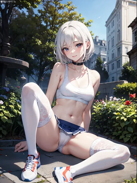 1 girl, (alone:1.2), ((masterpiece)), Slim, , pale skin, ((delicate eyes)), (bokeh effect), sweating, (dynamic angle), Raise your legs high, white hair, short hair, bare shoulders，Lilu&#39;s collarbone, armpit, (External), Smile, garden, Inner eight legs, ...