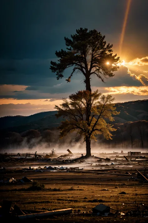 A photorealistic image of a lone tree standing strong amidst the destruction of a natural disaster. Use warm lighting and vibrant colors to create a sense of hope.