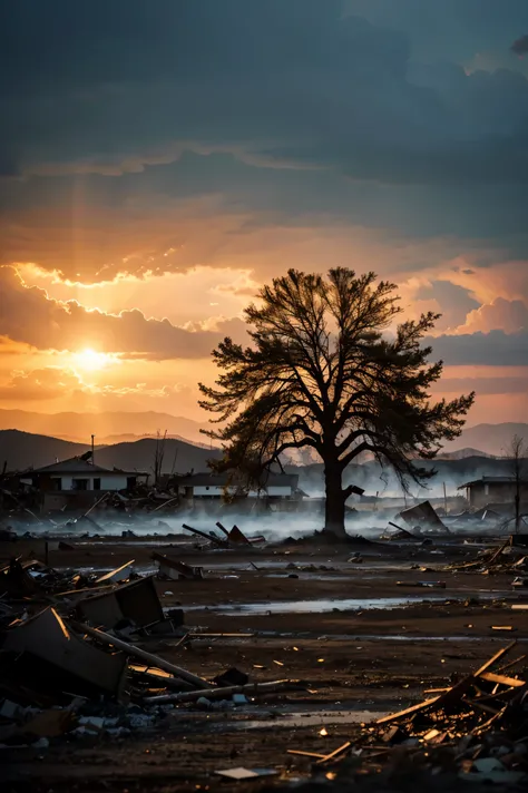 A photorealistic image of a lone tree standing strong amidst the destruction of a natural disaster. Use warm lighting and vibrant colors to create a sense of hope.