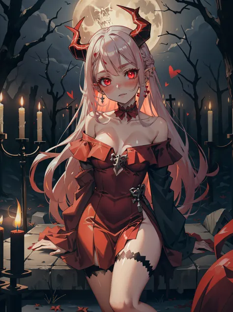 (Masterpiece), (best quality), volumetric light, best shadows, absurdres, (1girl), demon girl, succubus, BREAK, blush, (chestnut mouth:1.1), head tilt, (long glowing platinum hair:1.2), (glowing hair:1.1), (glowing [red|orange] eyes:1.1), (red eyeliner:1.2...