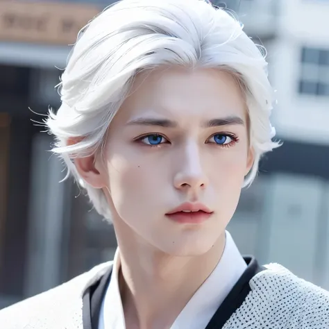 Boy, white hair, blue eyes, serious sharp features, white skin, young man, idol