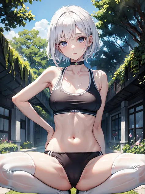 1 girl, (alone:1.2), ((masterpiece)), Slim, , pale skin, ((delicate eyes)), (bokeh effect), sweating, (dynamic angle), Raise your legs high, Get down，white hair, short hair, bare shoulders，Lilu&#39;s collarbone, armpit, (External), shy, garden,,  thong，spo...