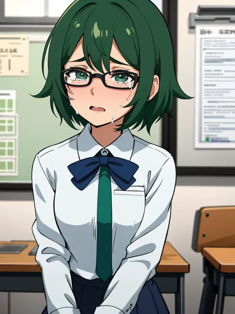 Obra maestra, ultra alta calidad, Anime illustration of a girl with very short lime green hair, she wears glasses and wears a  uniform. She is in a classroom. She has a very sad expression and she is crying and sobbing. There are many tears on her cheeks. 