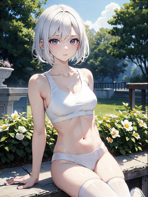 1 girl, (alone:1.2), ((masterpiece)), Slim, , pale skin, ((delicate eyes)), (bokeh effect), sweating, (dynamic angle), Raise your legs high, white hair, short hair, bare shoulders，Lilu&#39;s collarbone, armpit, (External), happy, garden, ,  thong，sports sh...