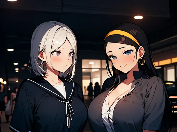 Three female students lined up in a row、black hair、earrings、big breasts、cleavage、chest comes out、Night parking lot、mini skirt、thighs thighs、navy pleated skirt、short sleeve shirt、sexy、adultery、despicable最高品質,realistic:1.37,hd,Uhd,Night parking lot,Three sch...