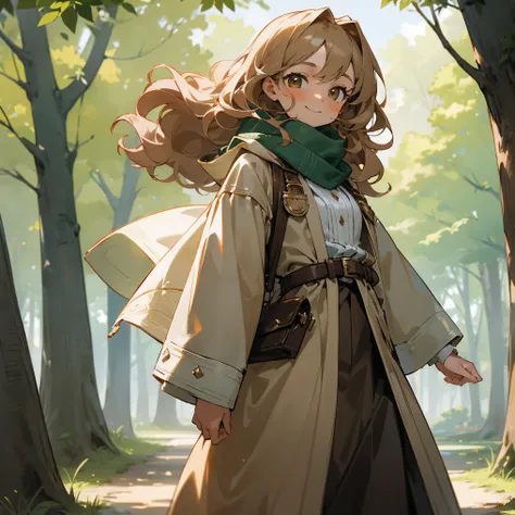 1female, young teen, medium wavy hair, light brown colored hair, finely detailed emerald eyes, stylish clothes, hood, bandolier across chest, scarf, forest, walking down path, confident smile, blush