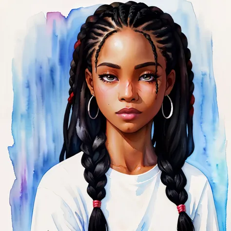 black african american woman beautiful girl side face, painting watercolor style long hair, braids, cornrowsm plaits, nikon dslr; scar, black mist pro lens filter, dark bacground; 4k --ar 4:5