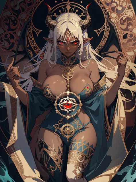 elf ears,(absurdres, highres, ultra detailed), 1 female,b8ig tits, adult, handsome, broad shoulders, two horns, evil, glowing red eyes, black wings, blood, intimidating looks, dark skin, finely detailed eyes and detailed face, the devil tarot, Symbolism, V...