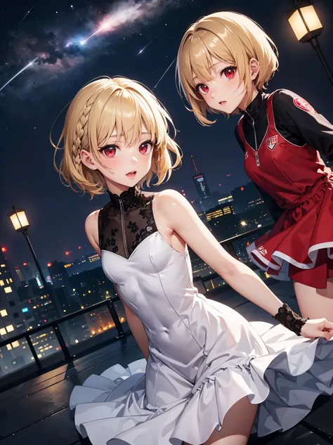 最high quality、best image quality、masterpiece、with a girl(12 years old、flat bust、,beautiful red eyes、toned abdominal muscles、,blonde short hair、Bobcut braid、Slender、athlete、princess dress ruffle lace、cute dress,leaning forward posture、Long skirt with ruffle...