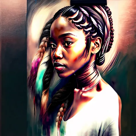  black african american woman beautiful girl side face, painting watercolor style long hair, braids, cornrowsm plaits, nikon dslr; scar, black mist pro lens filter, dark bacground; 4k --ar 4:5