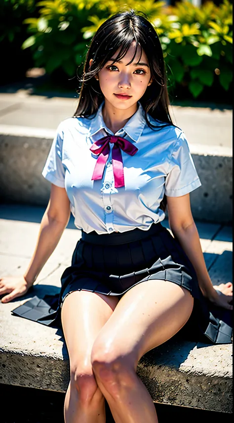 "(masterpiece, High resolution, Ultra High resolution, 4K) black hair, 10 year old Japanese girl, uniform skirt, emphasize the thighs, white thighs, soft thighs, Gorgeous thighs, pink ribbon、smiling、sitting in the park, facing angle, (angle from below),sit...