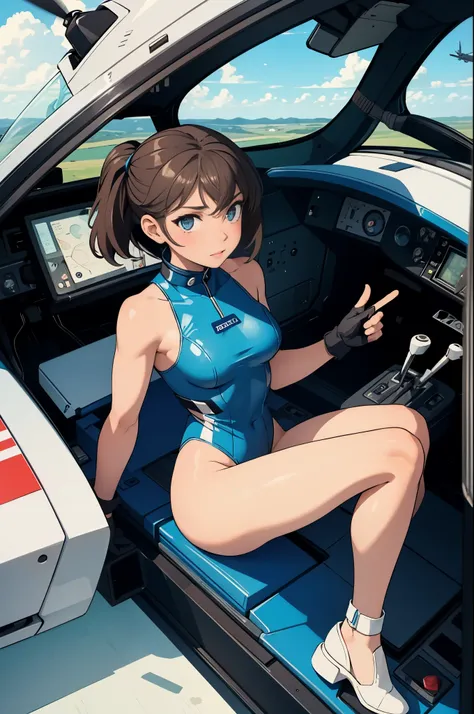 (masterpiece),( best quality), 1girl, pilot, flying helicopter, from cockpit, leotard, bare legs, gloves