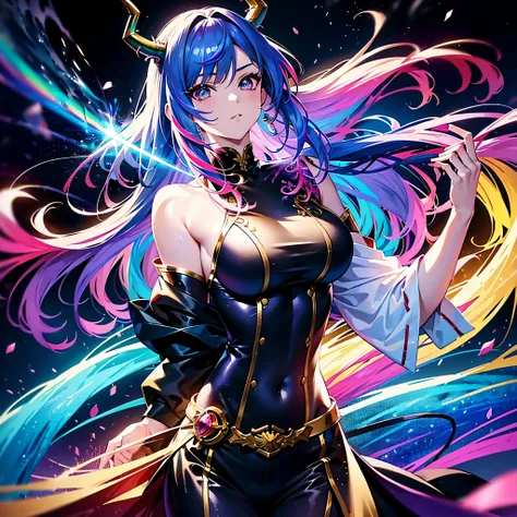 An anime female human with rainbow hair, rainbow eyes, dragon horns, and a dragon tail. (best quality, realistic:1.37), vibrant colors, detailed facial features, flowing hair, dynamic pose, fantasy art style, glowing rainbow aura