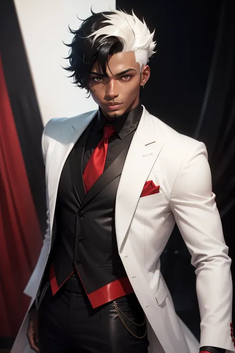 jovem negro, drip, terno vermelho, stylish hair, cabelos pretos, Sorriso, show, lindo, bleach pose, anime style, man, negro, black hair, red suit