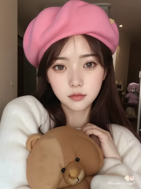 arafa woman in a pink beret holding a teddy bear, Ulzzang, young lovely korean face, adorable and pale korean face, maquiagem sul-coreana popular, com cara fofa - linda, maquiagem coreana popular, Lalisa Manobal, rosto redondo e macio, beautiful aesthetic ...