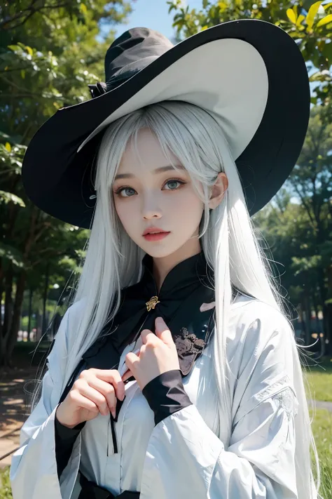 magician woman、Black tricorn hat、white hair、green clothes