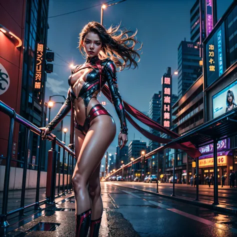 maryms,Best Quality,(beauty),masterpiece, 1girl,phisically-based render ,ultra highres,narrow waist, skinny,big eyes,long legs,(small breasts),puffy eyes, night,(rainy city), shiny skin, facing viewer, fighting stance, (make a fist),firm expression, --v6 -...