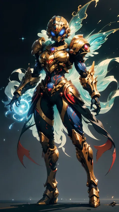 A woman adorned in fantasy-style full-body armor, a crown-concept fully enclosed helmet that unveils only her eyes, a composite layered chest plate, fully encompassing shoulder and hand guards, a lightweight waist armor, form-fitting shin guards, the overa...