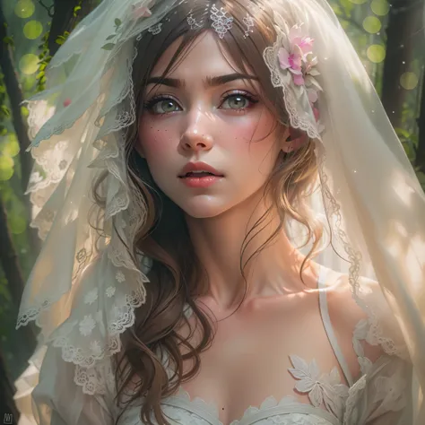 (Taken from head to toe, artistic angle: 1.6)、Portrait of a bride, with layers of A-line ruffles and delicate floral and pattern embroidery.Hobbit weddings. Chapel in the forest. The sun shining through the trees illuminates the bride and creates a magical...