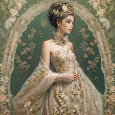 Beautiful woman in intricate Romantic Vintage Outfit, (cocoon:0.8)