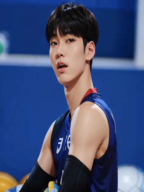 Araafed male volleyball player in blue uniform holding a ball, Jinyoung Shin, Kim Doyoung, taejune kim, hyung tae, Shin Jeongho, hyung tae kim, Seseon Yoon, Hyung Tae Kim, Hyung Tae Kim, Cai Xukun, Jaeyeon Nam, Heise Jinyao, Sun Hyuk Kim, Jeongseok Lee