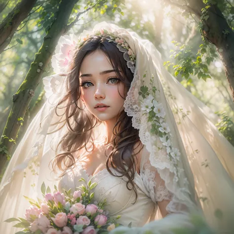 (Taken from head to toe, artistic angle: 1.6)、Portrait of a bride, with layers of A-line ruffles and delicate floral and pattern embroidery.Hobbit weddings. Chapel in the forest. The sun shining through the trees illuminates the bride and creates a magical...