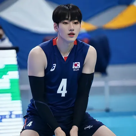 Araafed, volleyball player sitting on the floor in a blue uniform, Jinyoung Shin, taejune kim, Kim Doyoung, Jaeyeon Nam, wearing a volleyball shirt, Seseon Yoon, hyung tae, hyung tae kim, Hong junho hyung, Hyung Tae Kim, Hyung Tae Kim, Shin Jeongho, joongw...